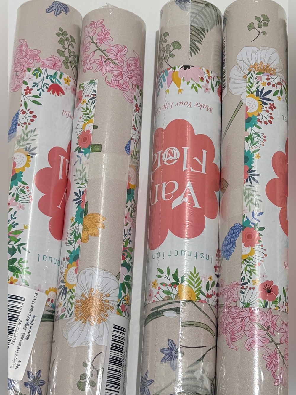 VaryFloral Beige Boho Floral Peel & Stick Wallpaper Set of 4 NEW